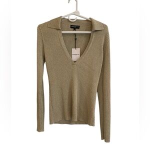 GENERATION LOVE Gold Metallic V-neck Ribbed Sweater size large